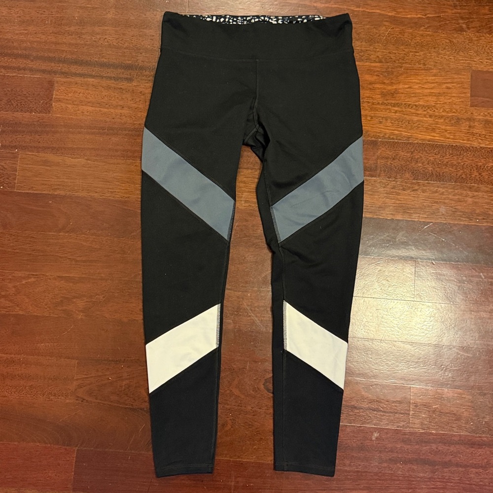 Champion Black Leggings with Gray and White Stripes